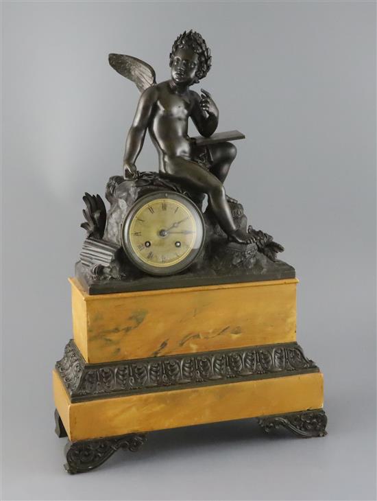 A 19th century French bronze and simulated Sienna marble mantel clock, width 13in. depth 5.5in. height 21in.